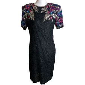 Vintage Razzle Dazzle Black Floral Sequin Silk Cocktail Party Dress Size Small ?